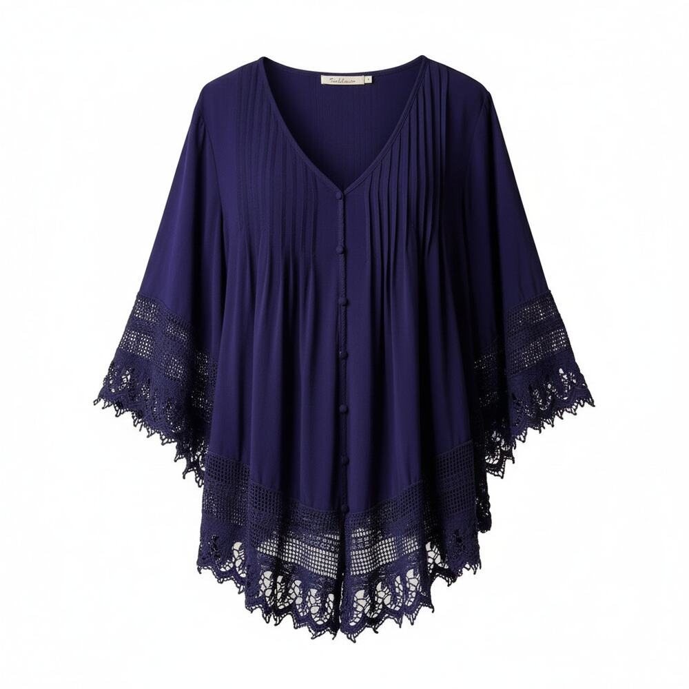 Solitaire Blouse Womens Size 2X Navy Blue Pintuck Button Down Embroidery Boho - Picture 3 of 15